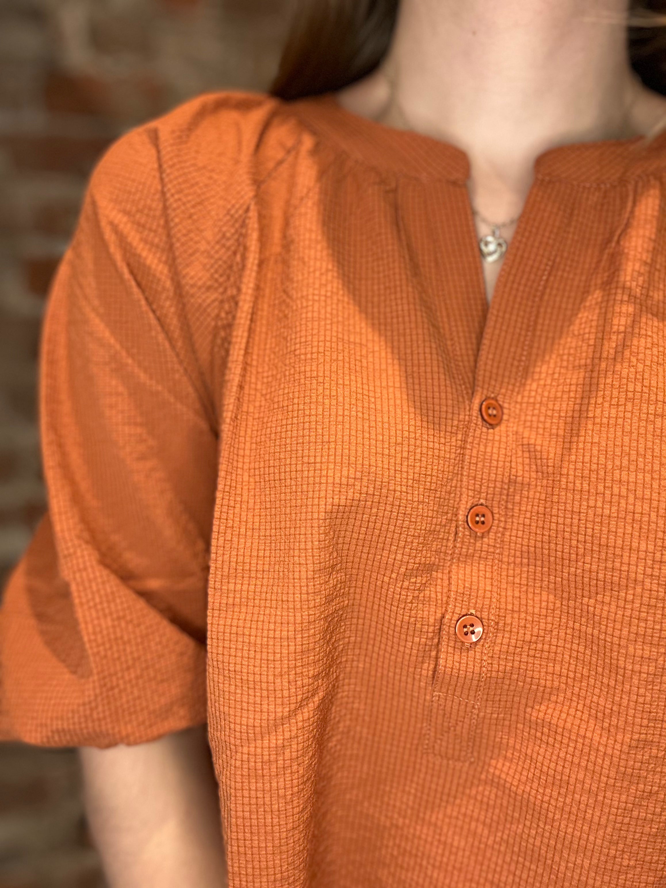 Brandi Rust Three Quarter Sleeve Top-top-heimish-The Funky Zebra Ames, Women's Fashion Boutique in Ames, Iowa
