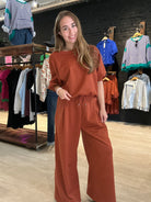 Trista Rust Drawstring Pants-pants-Glam-The Funky Zebra Ames, Women's Fashion Boutique in Ames, Iowa