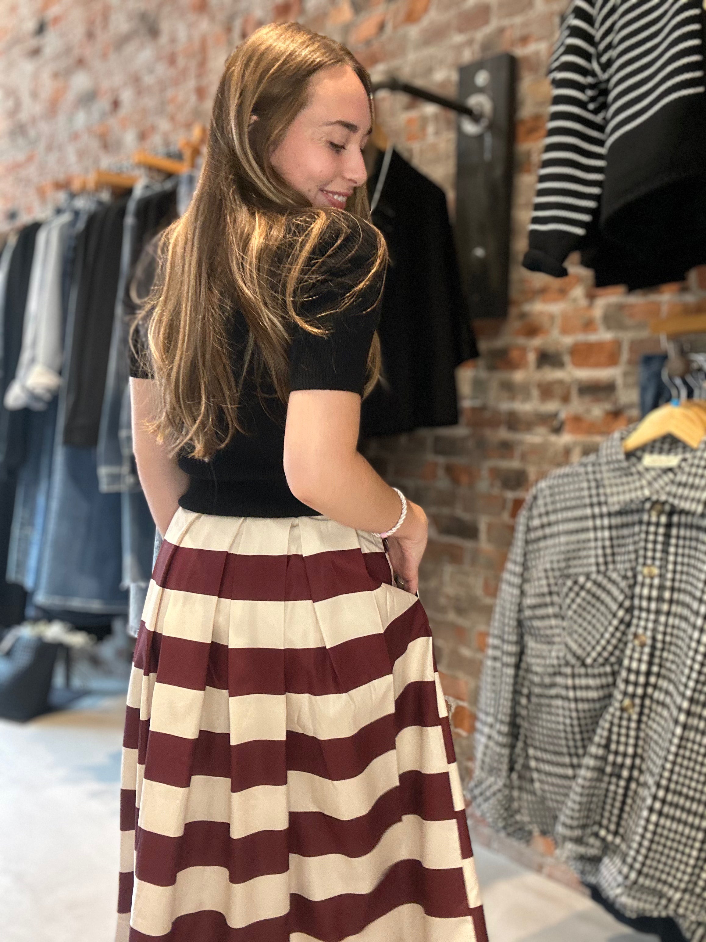 Hannah Brown Striped A Line Pleated Skirt-skirt-Glam-The Funky Zebra Ames, Women's Fashion Boutique in Ames, Iowa