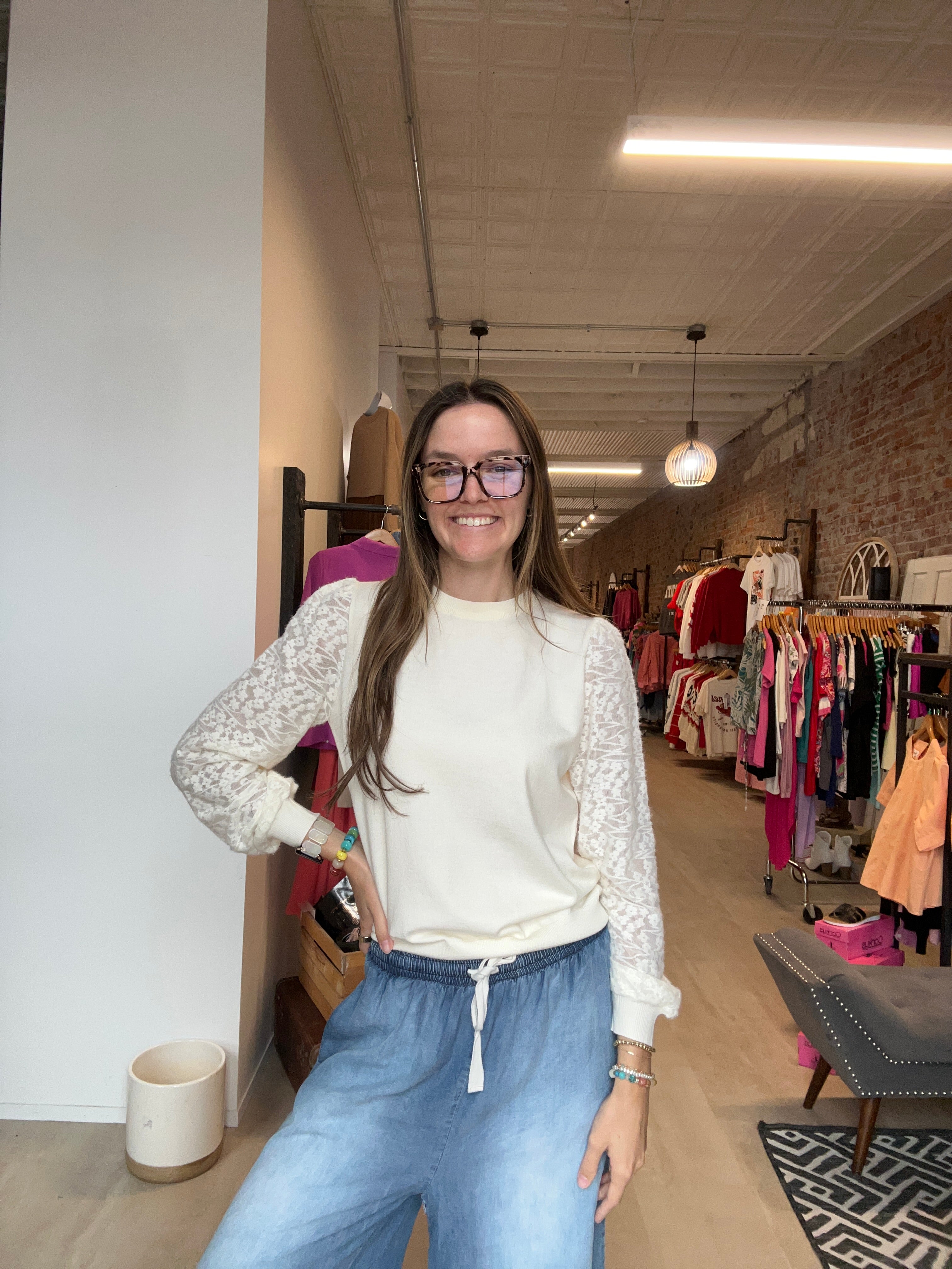 Lacey Off-white Sweater-Long Sleeves-Molly Bracken-The Funky Zebra Ames, Women's Fashion Boutique in Ames, Iowa