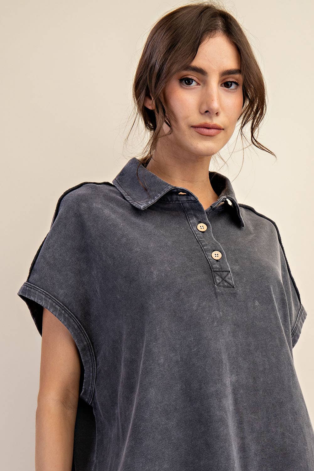 Margot Washed Polo Top-apparel-Rae Mode-The Funky Zebra Ames, Women's Fashion Boutique in Ames, Iowa