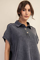 Margot Washed Polo Top-apparel-Rae Mode-The Funky Zebra Ames, Women's Fashion Boutique in Ames, Iowa