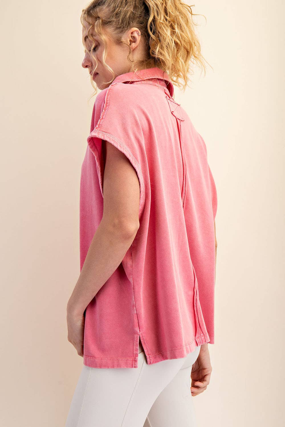 Margot Washed Polo Top-apparel-Rae Mode-The Funky Zebra Ames, Women's Fashion Boutique in Ames, Iowa