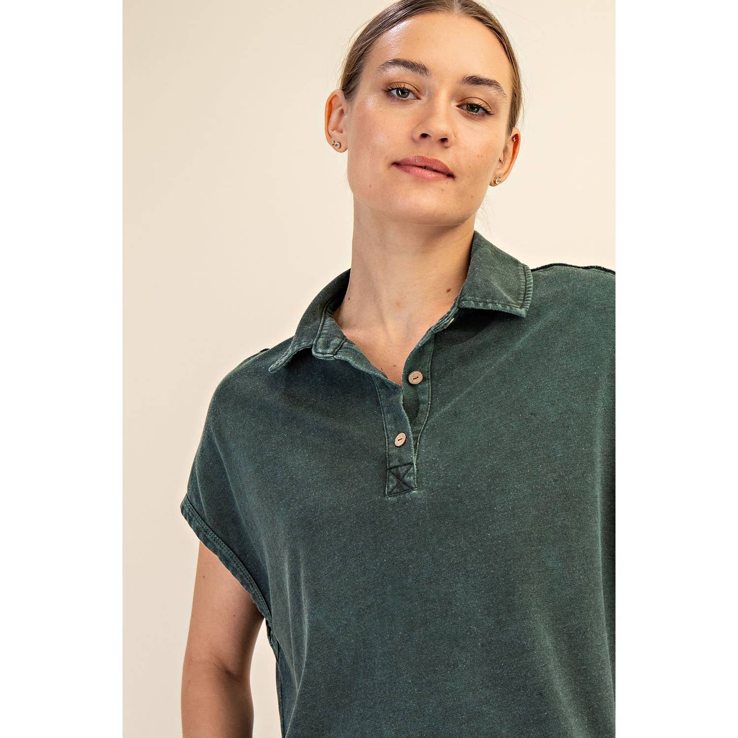 Margot Washed Polo Top-apparel-Rae Mode-The Funky Zebra Ames, Women's Fashion Boutique in Ames, Iowa
