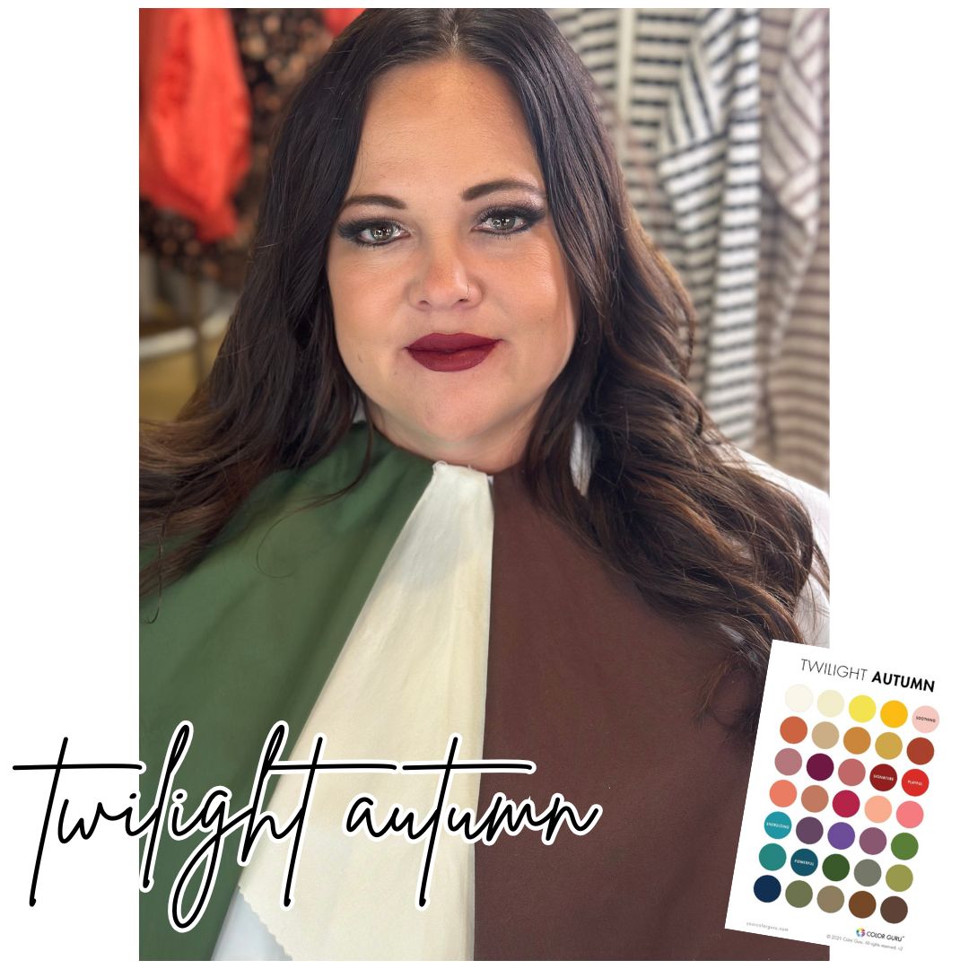 Woman with color analysis drapes covering her shoulders. Twilight autumn. 